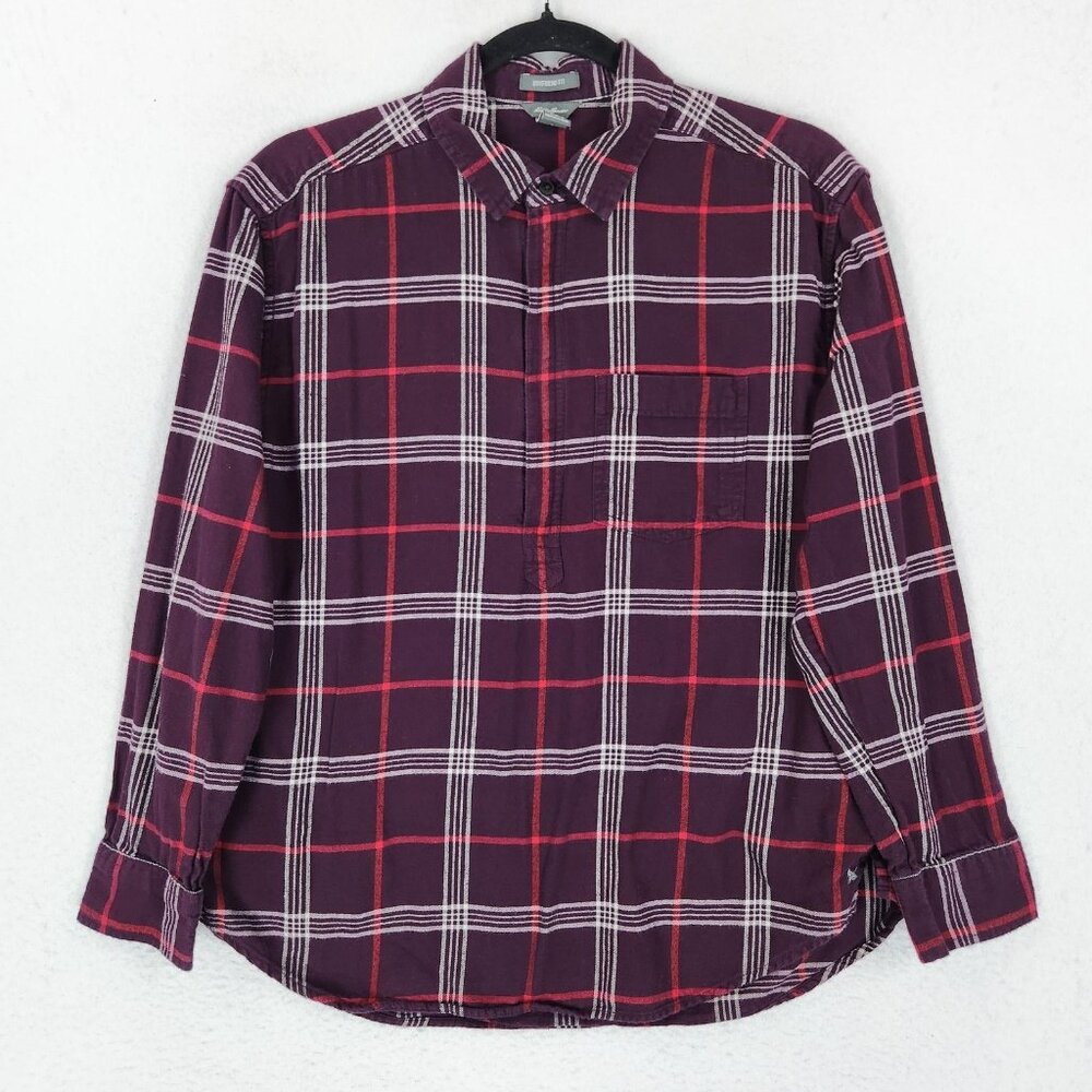 Eddie Bauer Shirt Womens Small Purple Red Plaid Boyfriend Fit Flannel Casual